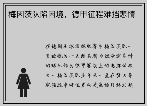 梅因茨队陷困境，德甲征程难挡悲情