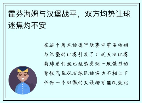 霍芬海姆与汉堡战平，双方均势让球迷焦灼不安